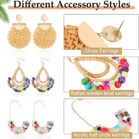 6 Pair Rattan Earrings Straw Tassel Bohemian Earrings for Girl Women Summer Beac - Picture 3 of 6